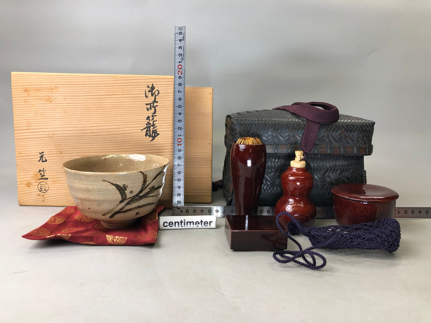 Y6117 [VIDEO] CHAWAN Tea ceremony utencils set bamboo basket signed box Japan antique