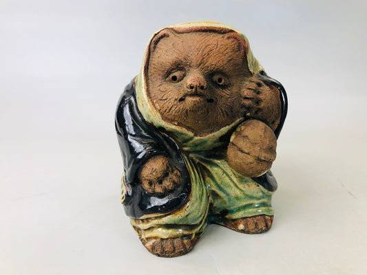 Y6126 [VIDEO] OKIMONO Shigaraki-ware raccoon dog figurine Japan antique interior decor