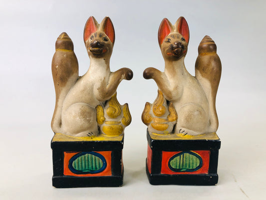 Y6127 [VIDEO] OKIMONO Inari fox pair pottery figurine Japan antique interior decor