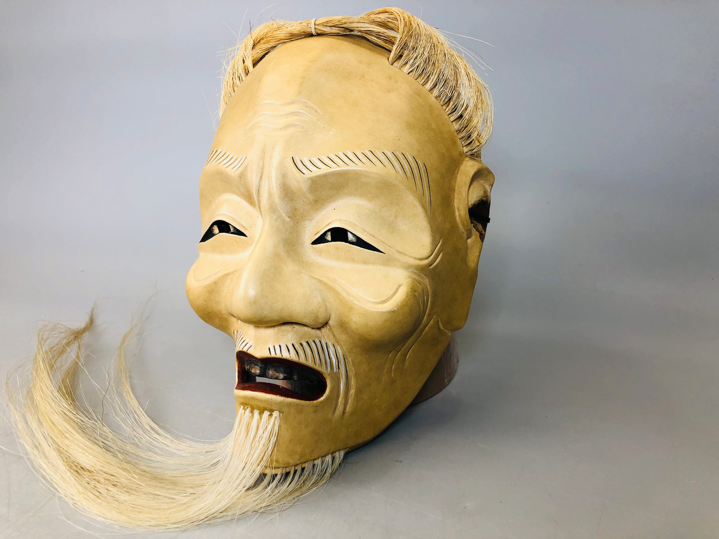 Y6218 [VIDEO] NOH MASK wood carving signed Akobujou Japan antique omen men dance drama