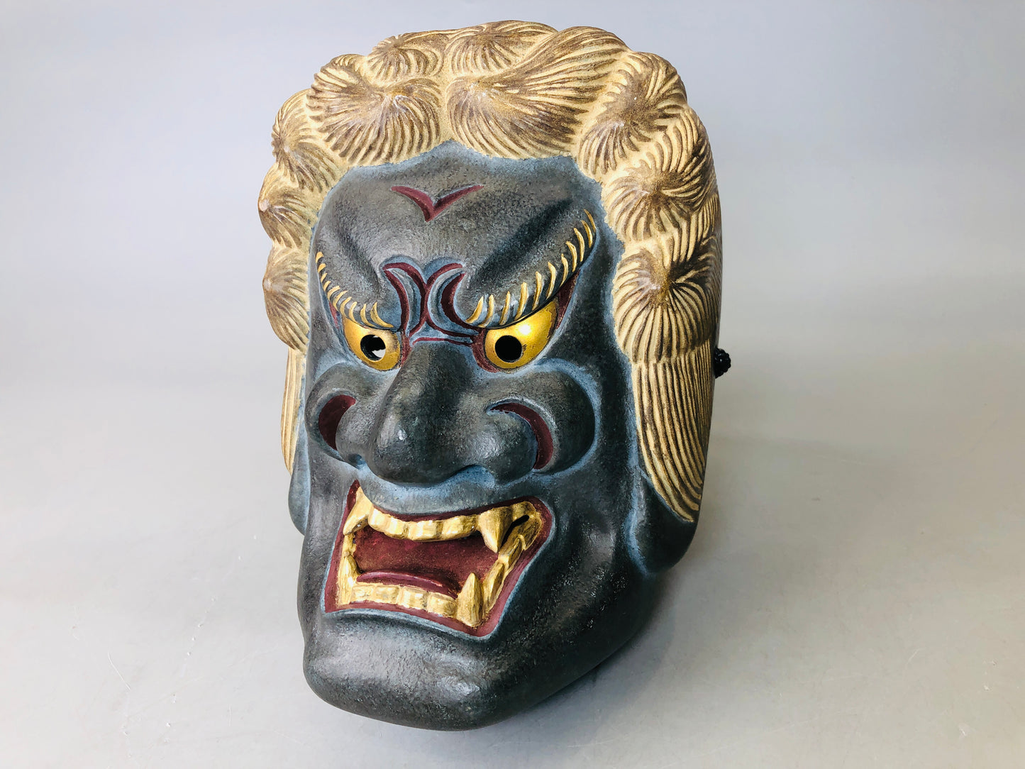 Y6222 [VIDEO] NOH MASK wood carving signed Fudou Japan antique omen men dance drama