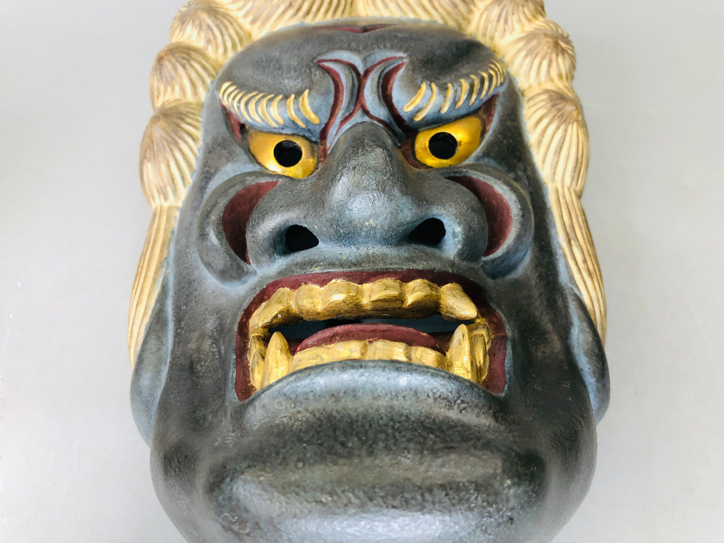 Y6222 [VIDEO] NOH MASK wood carving signed Fudou Japan antique omen men dance drama