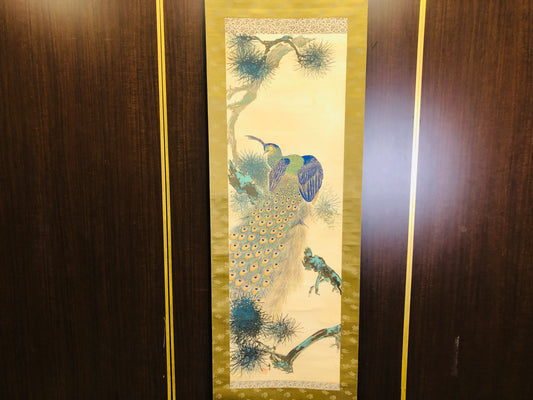 Y6262 [VIDEO] KAKEJIKU Peacock bird signed box Japan antique hanging scroll art decor
