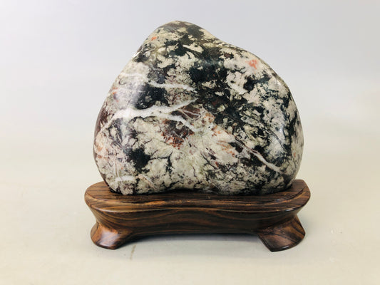 Y6272 [VIDEO] OKIMONO Chrysanthemum stone wooden stand Japan antique interior home decor