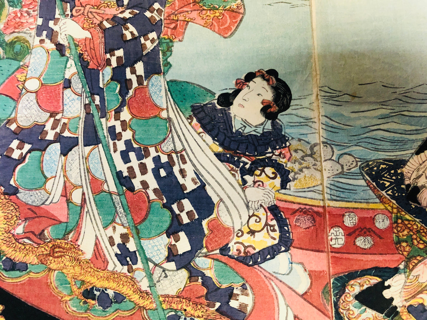 Y6279 [VIDEO] WOODBLOCK PRINT Toyokuni triptych boat ship kimono Japan Ukiyoe antique