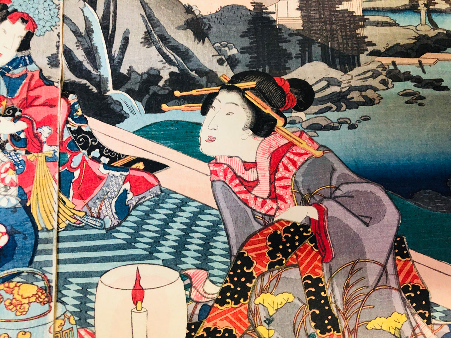 Y6280 [VIDEO] WOODBLOCK PRINT Kunitsuna triptych Villa moon Japan Ukiyoe antique art