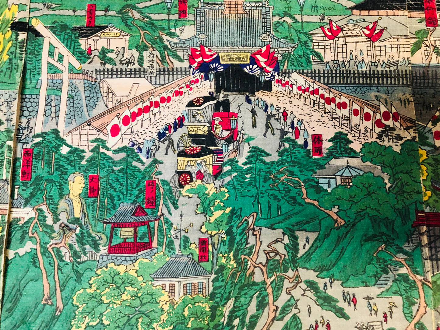 Y6281 [VIDEO] WOODBLOCK PRINT Kyosai Kawanabe triptych Tokyo Ueno Japan Ukiyoe antique