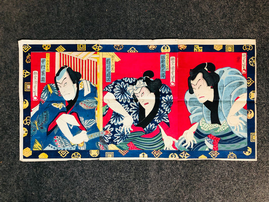 Y6283 [VIDEO] WOODBLOCK PRINT Kunimasa triptych Kabuki Japan Ukiyoe antique interior