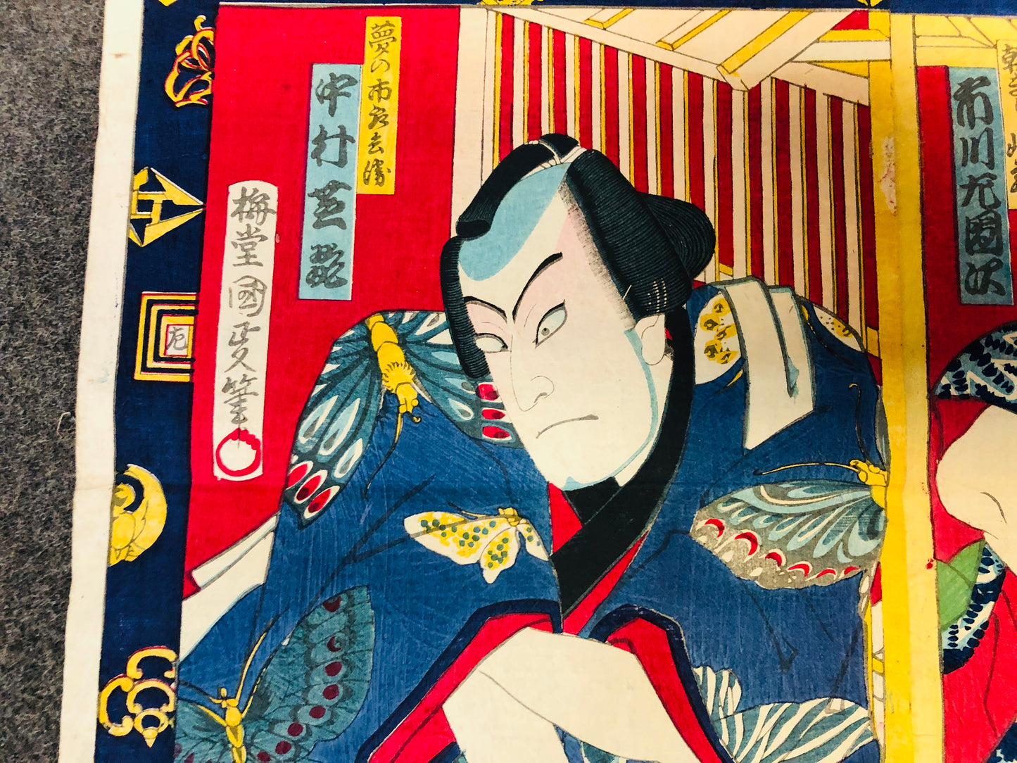 Y6283 [VIDEO] WOODBLOCK PRINT Kunimasa triptych Kabuki Japan Ukiyoe antique interior