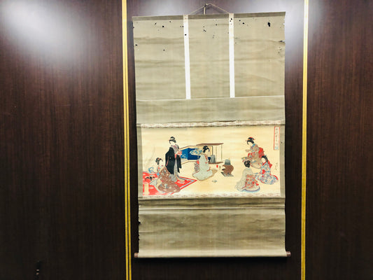 Y6312 [VIDEO] KAKEJIKU Ukiyo-e Chikanobu signed Japan antique hanging scroll interior