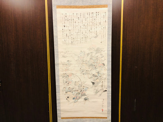 Y6313 [VIDEO] KAKEJIKU Samurai battle signed Japan antique hanging scroll interior decor