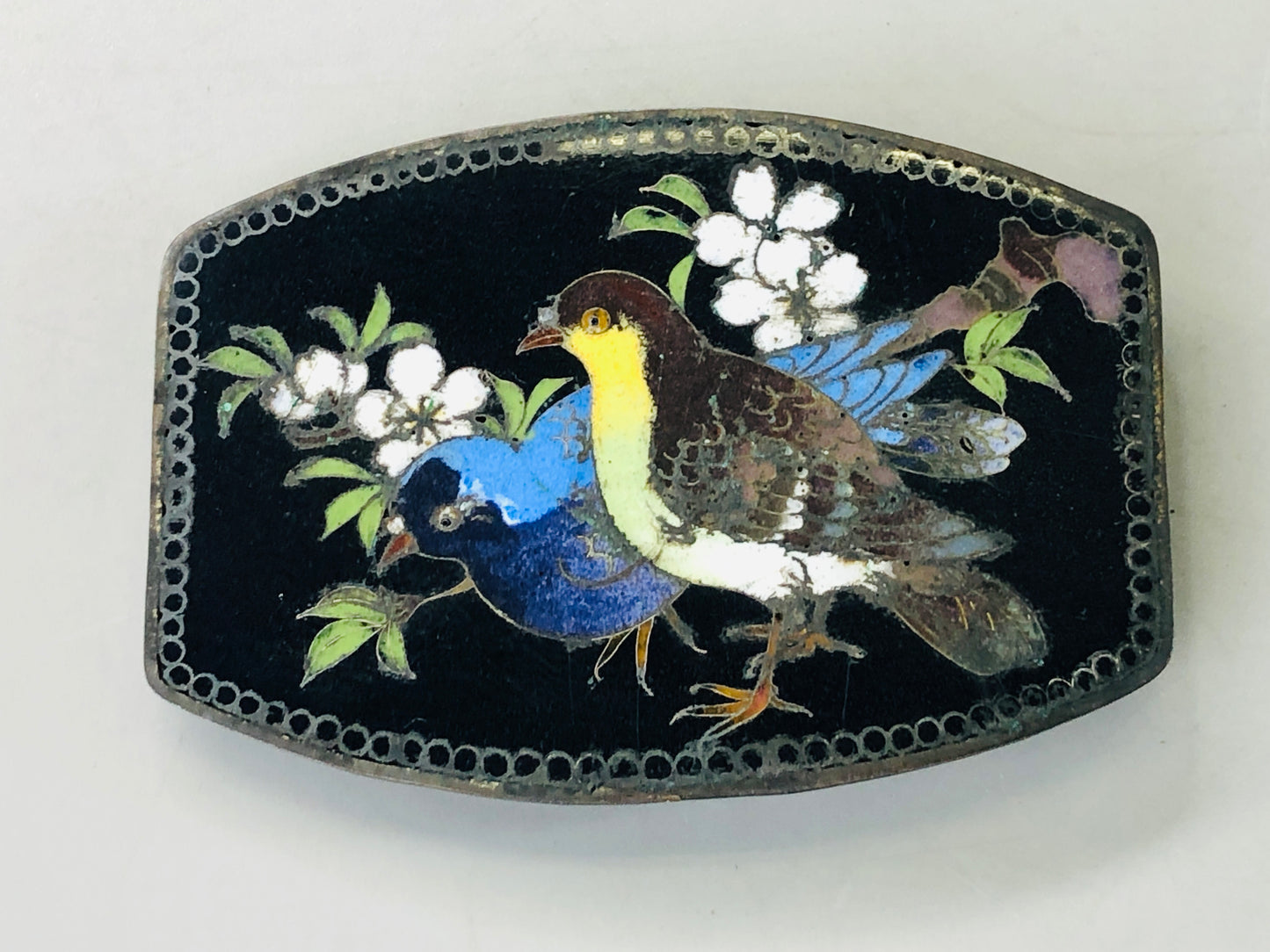 Y6339 [VIDEO] BELT BUCKLE Cloisonne Flower Bird Japan antique fashiion accessory