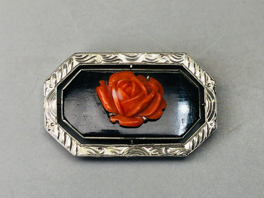 Y6343 [VIDEO] OBIDOME Sash Clip brooch Coral Rose metalwork Japan Kimono antique trinket