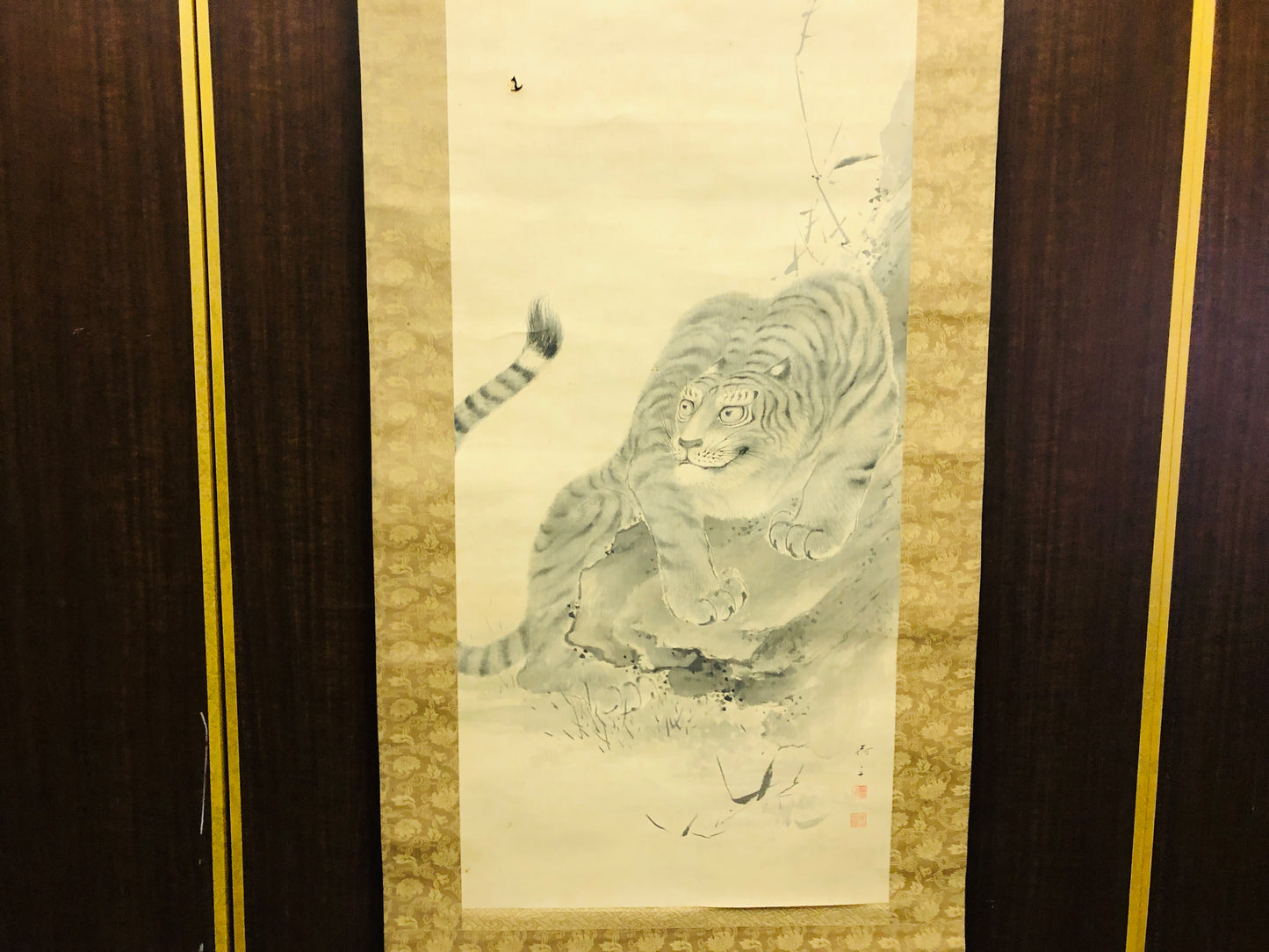 Y6352 [VIDEO] KAKEJIKU Tiger signed Japan antique hanging scroll interior decor art