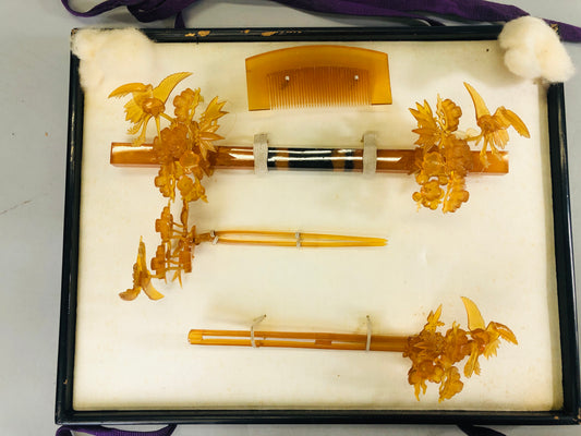Y6376 [VIDEO] KOUGAI Hair accessory set crane pine bamboo plum box Japan kimono antique