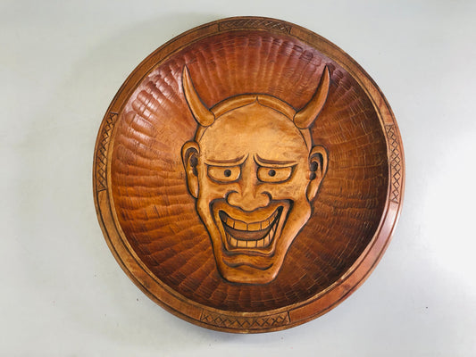 Y6379 [VIDEO] DISH Hannya wood carving decorative plate signed Japan antique interior