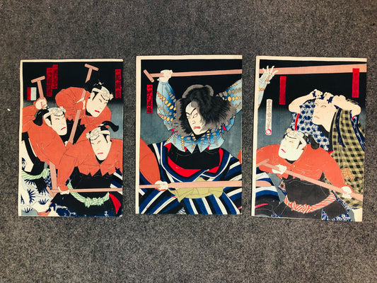 Y6422 [VIDEO] WOODBLOCK PRINT Kunichika triptych actor Kabuki Japan Ukiyoe antique art