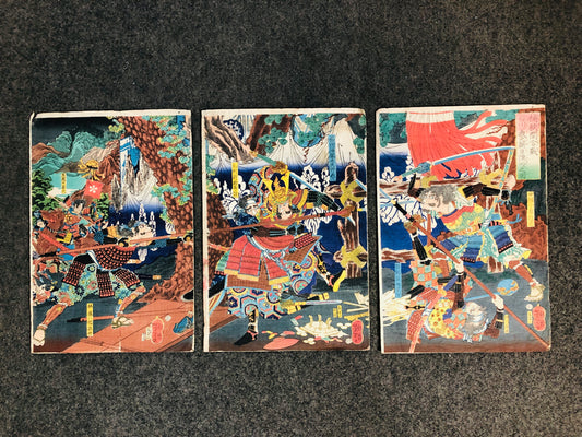 Y6423 [VIDEO] WOODBLOCK PRINT Yoshitoshi triptych samurai warrior Japan Ukiyoe antique