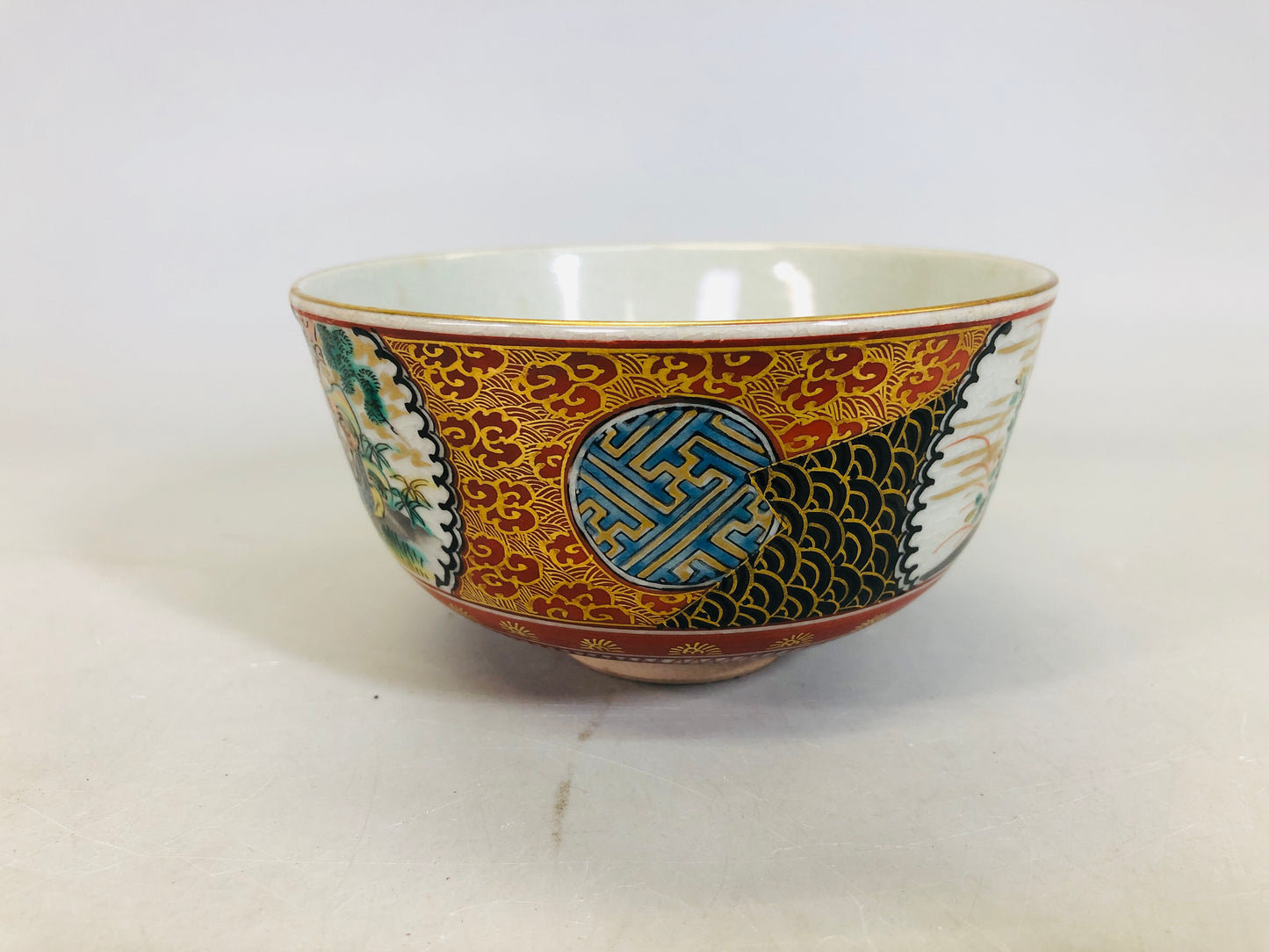 Y6434 [VIDEO] CHAWAN Kutani-ware color picture signed Japan antique tea ceremony pottery