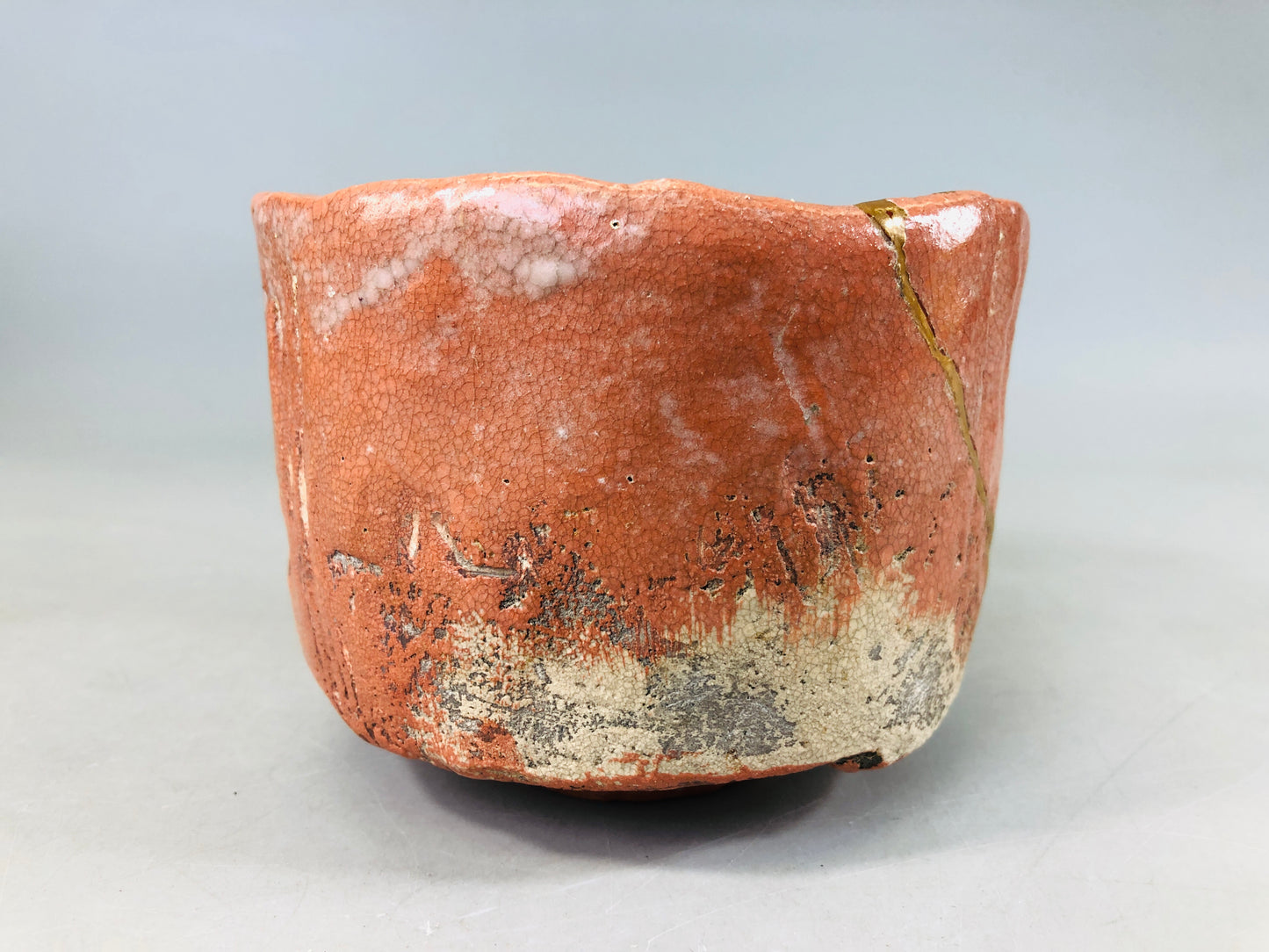 Y6446 [VIDEO] CHAWAN Raku-ware kintsugi signed box Japan antique tea ceremony pottery