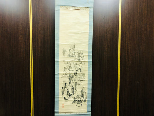Y6461 [VIDEO] KAKEJIKU Buddhist painting 16 Arhats signed Japan antique hanging scroll