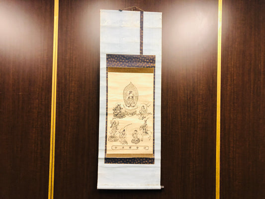 Y6462 [VIDEO] KAKEJIKU Buddhist painting woodblock print Japan antique hanging scroll