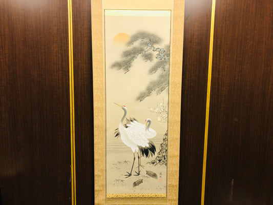 Y6468 [VIDEO] KAKEJIKU Shochikubai crane turtle signed box Japan antique hanging scroll