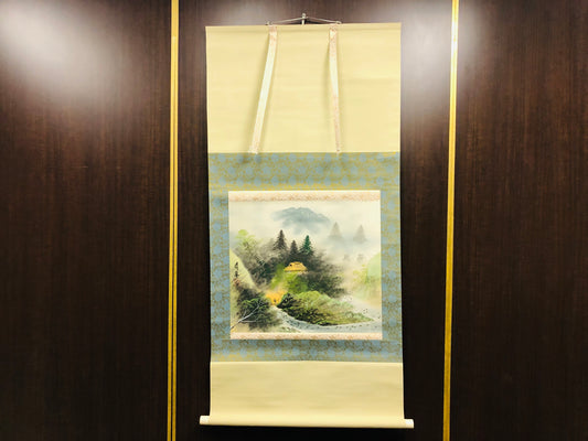 Y6470 [VIDEO] KAKEJIKU Blue-green landscape signed box Japan antique hanging scroll art