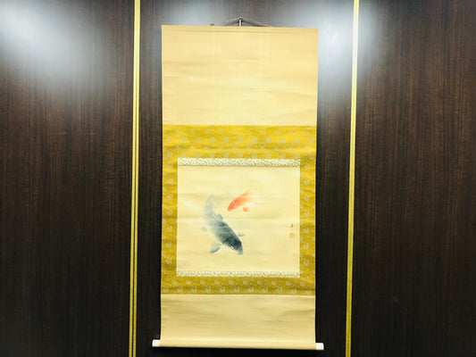 Y6471 [VIDEO] KAKEJIKU Koi fish carp signed Japan antique hanging scroll decor interior