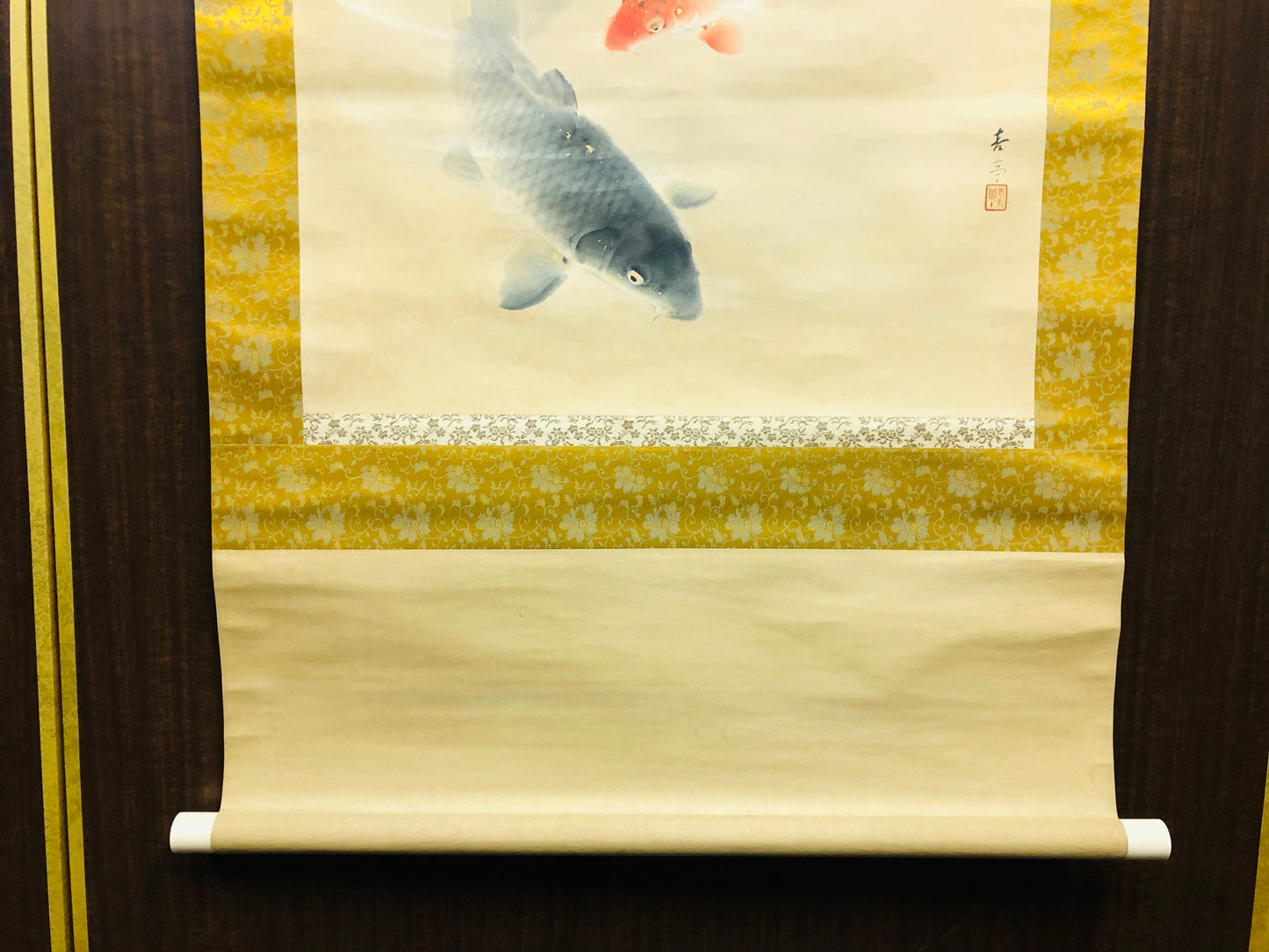 Y6471 [VIDEO] KAKEJIKU Koi fish carp signed Japan antique hanging scroll decor interior