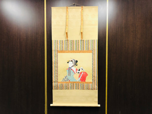 Y6516 [VIDEO] KAKEJIKU Beautiful woman signed box Japan antique hanging scroll interior