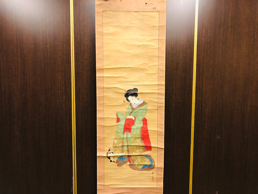 Y6519 [VIDEO] KAKEJIKU Cat Beautiful woman Hiroshige Japan antique hanging scroll decor