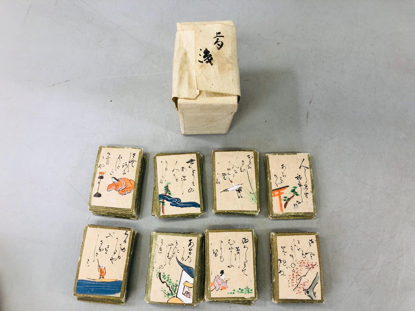 Y6554 [VIDEO] KARUTA Hyakunin Isshu Poem Card Game box hand coloring Japan antique