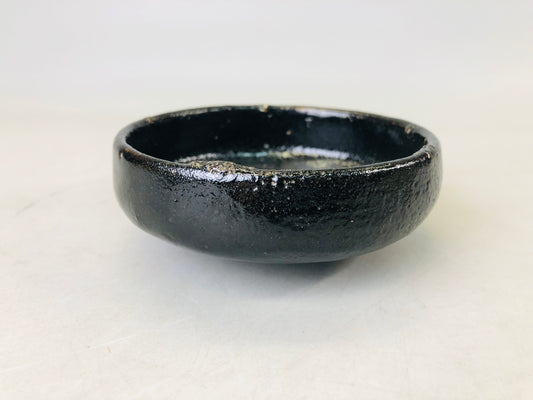 Y6571 [VIDEO]CHAWAN Raku-ware black flat signed Badarai bowl Japan antique tea ceremony