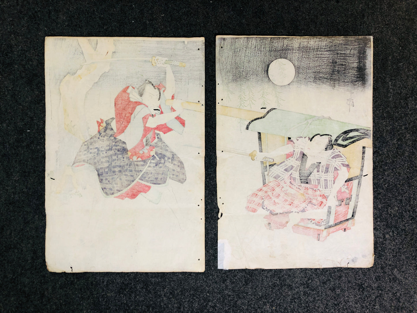 Y6586 [VIDEO] WOODBLOCK PRINT Kuniyasu Kabuki diptych Japan Ukiyoe antique art vintage