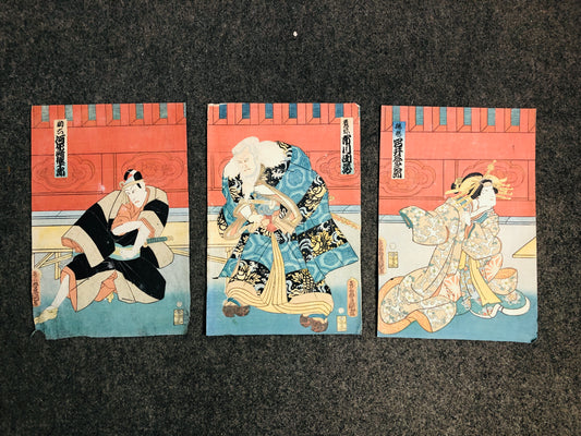 Y6587 [VIDEO] WOODBLOCK PRINT Toyokuni Kabuki triptych Japan Ukiyoe antique art vintage