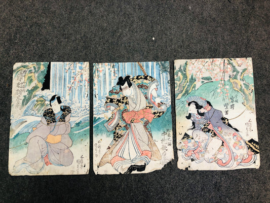 Y6589 [VIDEO] WOODBLOCK PRINT Kunisada Kabuki triptych Japan Ukiyoe antique art vintage