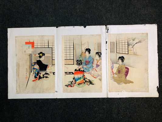 Y6595 [VIDEO] WOODBLOCK PRINT Shuntei Miyagawa triptych Japan Ukiyoe antique art vintage
