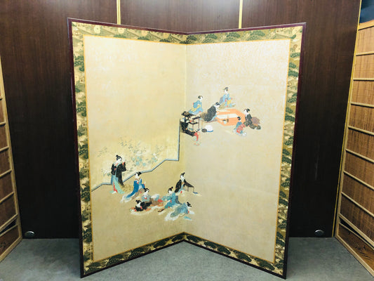 Y6596 [VIDEO] BYOUBU 2-fold Folding screen Beautiful woman signed  Japan antique decor
