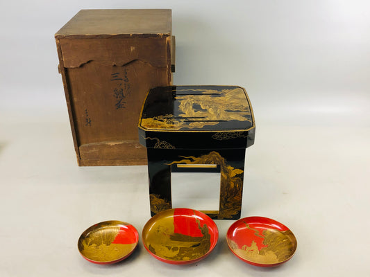 Y6637 [VIDEO] CHAWAN Makie Sake cup set of 3 stand signed box Japan antique tableware