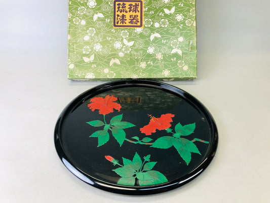 Y6696 [VIDEO]TRAY Ryukyu lacquerware Makie Hibiscus signed box Japan antique obon ozen
