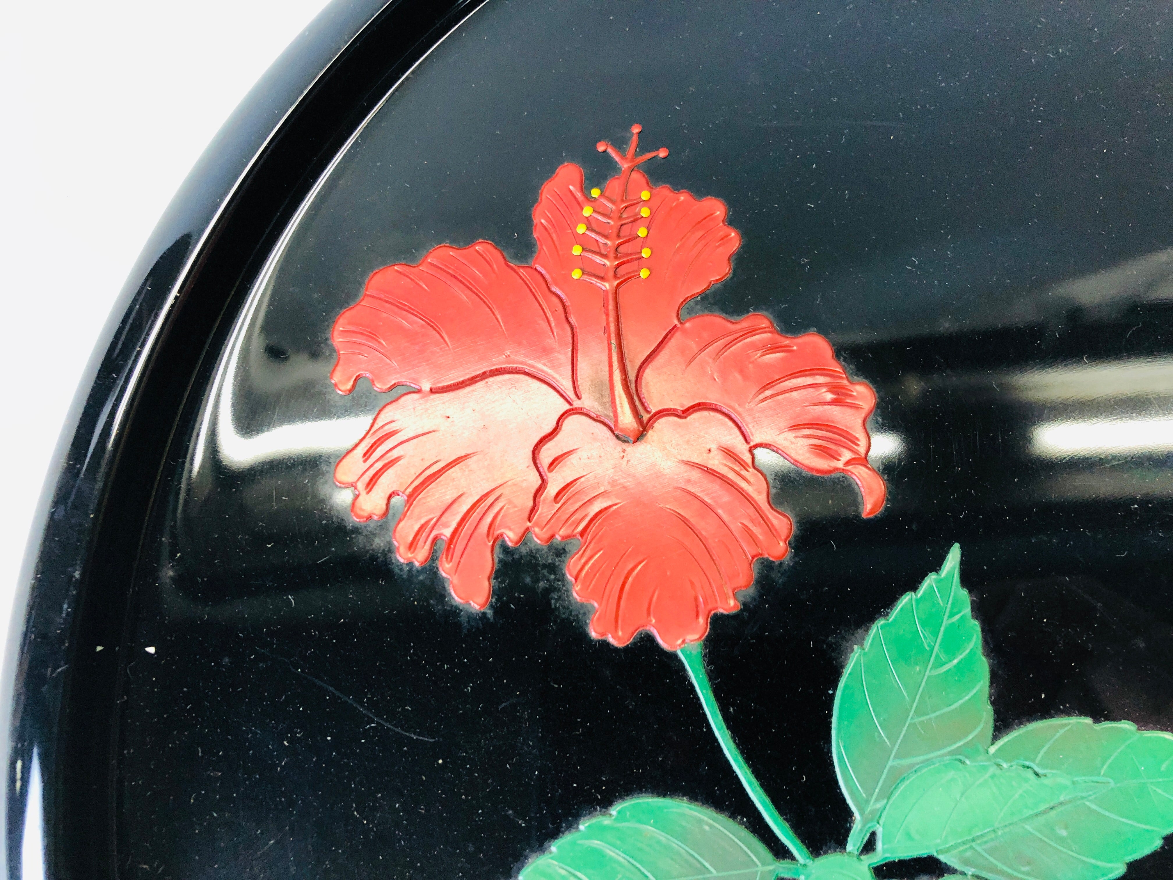 Y6696 [VIDEO]TRAY Ryukyu lacquerware Makie Hibiscus signed