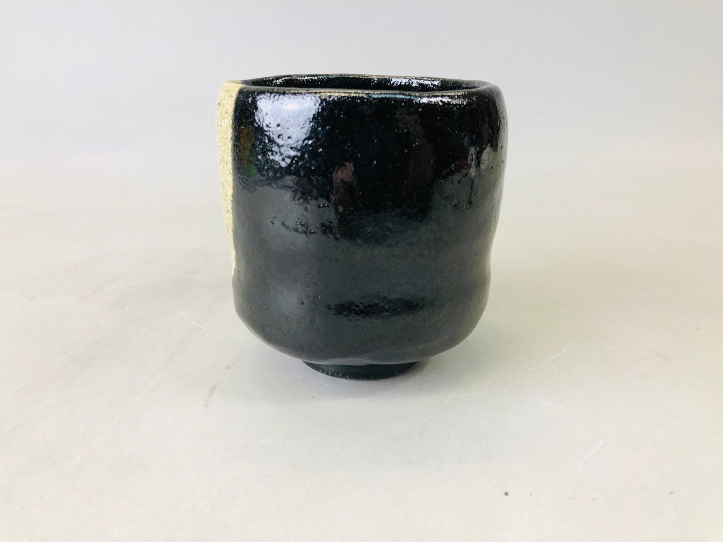 Y6705 [VIDEO] CHAWAN Raku-ware black tube bowl signed Japan antique tea ceremony pottery