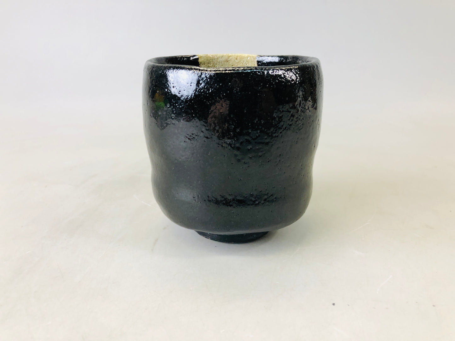 Y6705 [VIDEO] CHAWAN Raku-ware black tube bowl signed Japan antique tea ceremony pottery