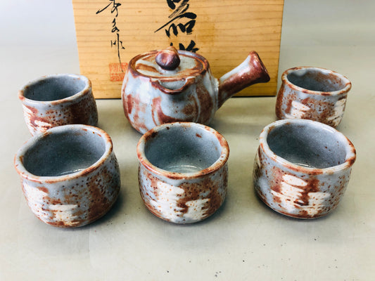Y6719 [VIDEO] CHAWAN Shino-ware Tea pot cup set signed box Japan antique tableware