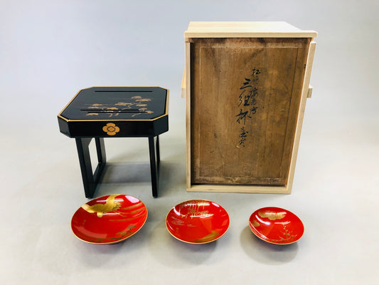 Y6762 [VIDEO] CHAWAN Makie Sake cup set of 3 stand signed box Japan antque tableware
