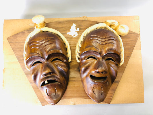 Y6821 [VIDEO] MASK wood carving Angama signed Japan antique omen dance drama wall decor