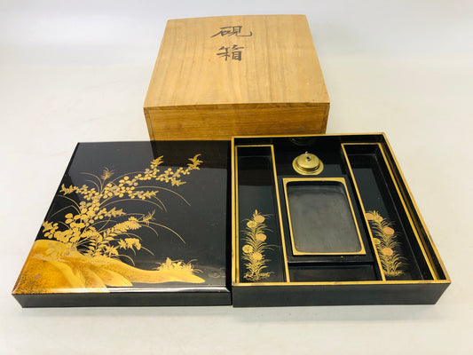 Y6829 [VIDEO] BOX Makie Suzuri inkstone case container Japan antique stationery storage