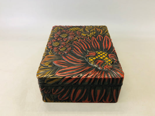 Y6831 [VIDEO] BOX Kamakura wood carving letter case sunflower Japan antique stationery