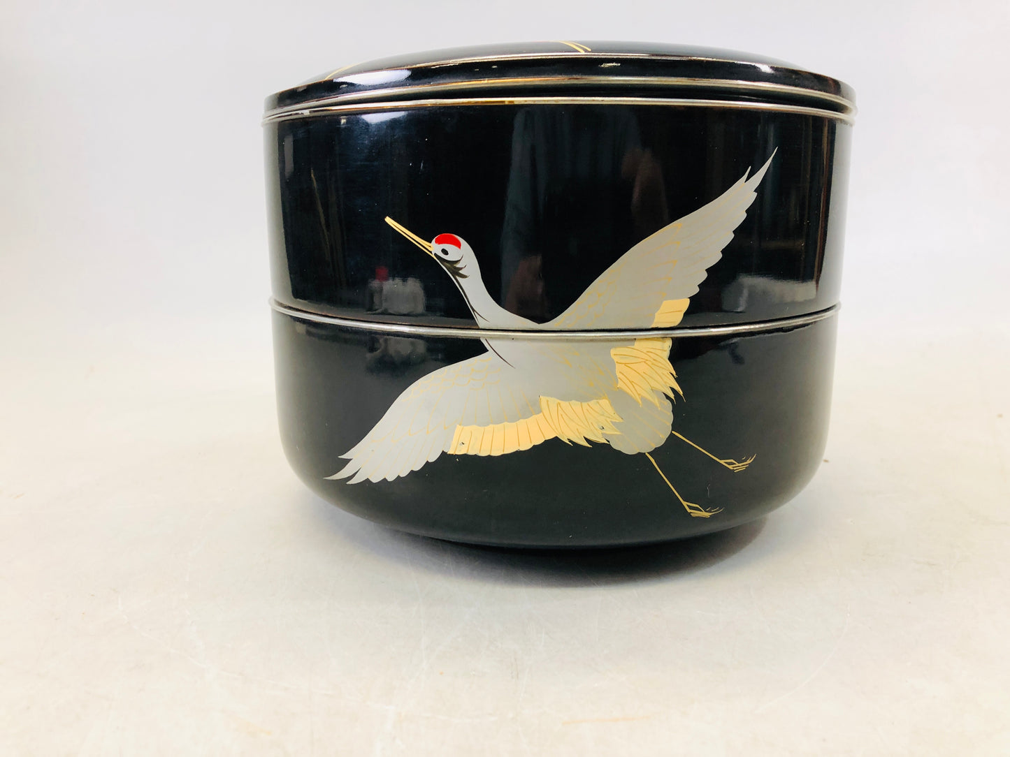 Y6848 [VIDEO] BOX Crane Makie two-tiered tin rim signed Japan antique tableware kitchen